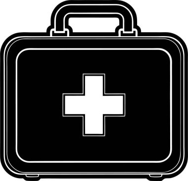 Beyaz arka planda beyaz bir tıbbi haç vektörü Art & Illustration olan bir ilk yardım çantasının siyah silueti