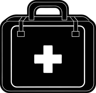 Beyaz arka planda beyaz bir tıbbi haç vektörü Art & Illustration olan bir ilk yardım çantasının siyah silueti