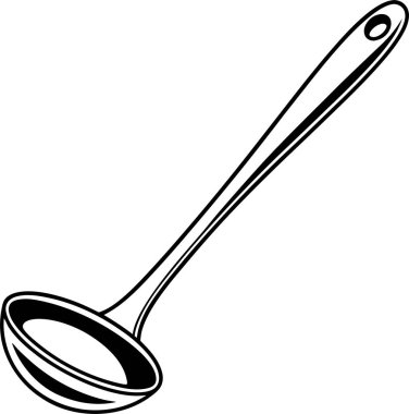 Yuvarlak kaseli siyah bir kepçe ve beyaz arka planda uzun bir sapı var.