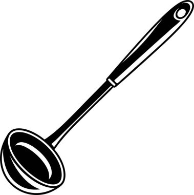 Yuvarlak kaseli siyah bir kepçe ve beyaz arka planda uzun bir sapı var.