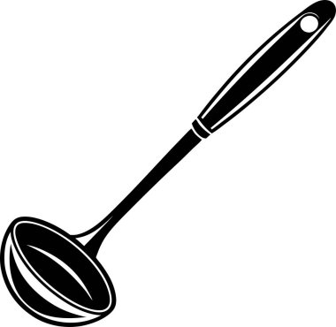 Yuvarlak kaseli siyah bir kepçe ve beyaz arka planda uzun bir sapı var.