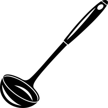 Yuvarlak kaseli siyah bir kepçe ve beyaz arka planda uzun bir sapı var.