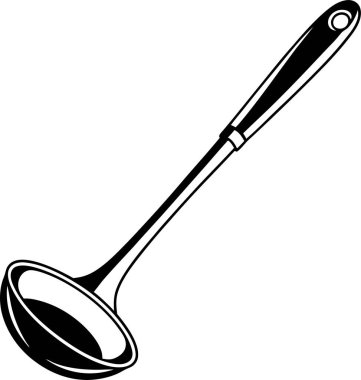 Yuvarlak kaseli siyah bir kepçe ve beyaz arka planda uzun bir sapı var.