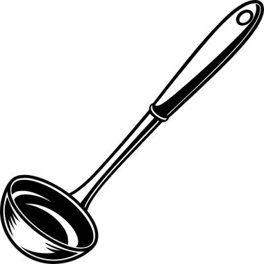 Yuvarlak kaseli siyah bir kepçe ve beyaz arka planda uzun bir sapı var.