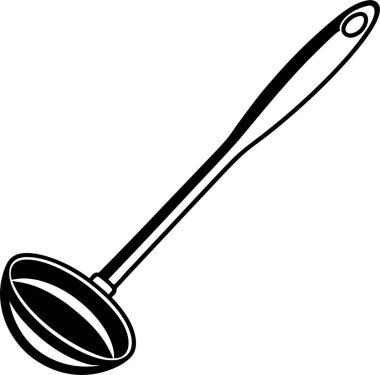 Yuvarlak kaseli siyah bir kepçe ve beyaz arka planda uzun bir sapı var.