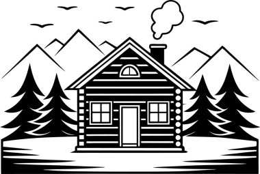 Uçan kuşlarla dolu, dağlık bir arazide yuva yapmış rahat bir kulübe, Sanat & İllüstrasyon