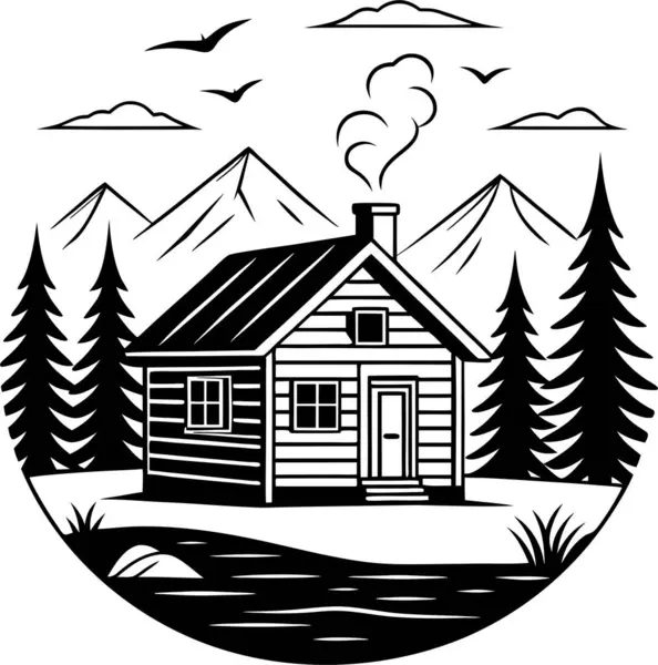 Uçan kuşlarla dolu, dağlık bir arazide yuva yapmış rahat bir kulübe, Sanat & İllüstrasyon