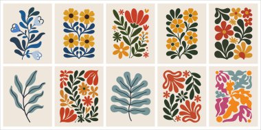 Soyut Çiçekler, Organik Yapraklar ve Modern Şekiller 'in yer aldığı modaya uygun Botanik Duvarı Sanat Baskıları Çağdaş Ev Dekorasyonu ve Estetik Yaşam Alanları İçin Mükemmel.