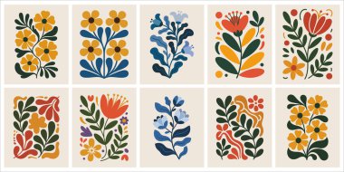 Soyut Çiçekler, Organik Yapraklar ve Modern Şekiller 'in yer aldığı modaya uygun Botanik Duvarı Sanat Baskıları Çağdaş Ev Dekorasyonu ve Estetik Yaşam Alanları İçin Mükemmel.