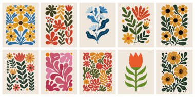 Soyut Çiçekler, Organik Yapraklar ve Modern Şekiller 'in yer aldığı modaya uygun Botanik Duvarı Sanat Baskıları Çağdaş Ev Dekorasyonu ve Estetik Yaşam Alanları İçin Mükemmel.