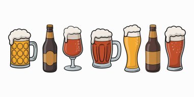 Çizgi film bira bardakları ve şişelerinin bir koleksiyonu beyaz bir arkaplana karşı sırayla sergileniyor. Bardaklar ve şişeler köpüklü beyaz köpükle kaplanmış kehribar ve sarı biranın çeşitli tonlarını içeriyor. Bazı bardaklar temiz, bazılarıysa açık.