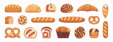 Ekmek, kruvasan, kraker, kek, tarçınlı çörek ve diğer hamur işlerinden oluşan resimli bir koleksiyon. Ürünler sıcak, altın-kahverengi kabuklar ve çeşitli dokularla tasvir ediliyor, farklı şekiller ve dolgular sergileniyor..