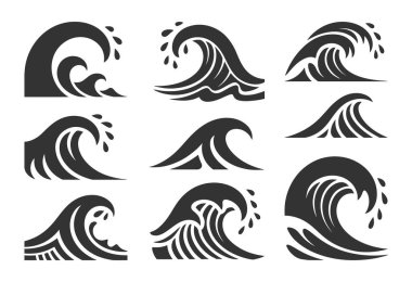 Beyaz arka planda dokuz adet siyah dalga çiziminden oluşan bir koleksiyon. Her dalga koyu gri bir siluet ile tasvir edilir, farklı tepeli su formları sergilenir. Bazı dalgalar birden fazla katman ve sprey damlacıkları içerirken, diğerleri simülasyondur