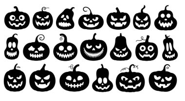 Gülümseme, sırıtış ve tehditkar ifadeler de dahil olmak üzere çeşitli oyulmuş yüzlere sahip yirmi adet siyah balkabağı deseni koleksiyonu. Kabaklar beyaz bir arkaplanda gösteriliyor, farklı şekiller ve oyulmuş özellikler sergileniyor..