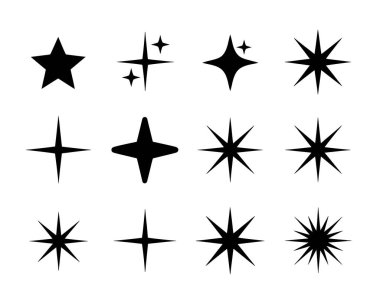 Bu resim, beyaz arkaplanda bir ızgarada sıralanmış on iki siyah yıldız ve parıltı simgelerinden oluşan bir koleksiyonu gösterir. Simgeler, klasik beş köşeli yıldızlar, dört köşeli yıldız patlamaları ve keskin veya rou ile çok köşeli yıldız şekilleri içeren tasarım çeşitliliğine sahiptir.
