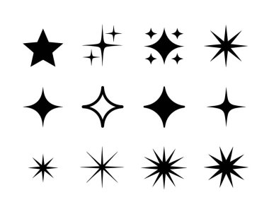 Beyaz arkaplanda on iki siyah yıldız ve parıltı simgelerinden oluşan bir koleksiyon. İkonlar şekil ve karmaşıklık olarak farklılık gösterir; katı beş köşeli bir yıldız, çoklu dört köşeli ışıltılar, içi boş çizgili bir yıldız ve sayısız sh ile yıldızlar.