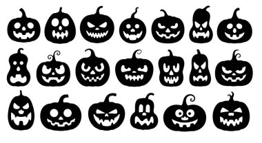 Beyaz arka planda çeşitli oyulmuş yüzlere sahip yirmi adet siyah siluet Jack-o-Lantern koleksiyonu. Balkabakları şekil ve boyut olarak farklıdır, her biri eşsiz göz ve ağız tasarımlarına sahiptir, bazıları tehditkar görünür, diğerleri ise daha şakacıdır..