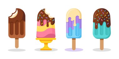 Beyaz arka planda dört renkli karikatür buzlu şekeri sergilenir. İlk buzlu çubuk çikolata kaplı ve bir ısırık alınmış. İçi kremalı. İkincisi, pembe, sarı ve pembe çizgili, çok katmanlı bir buzlu şeker.