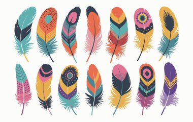 On beş dekoratif tüy koleksiyonu, her biri eşsiz bir şekilde canlı renklerle ve karmaşık kabile esinlenilmiş desenlerle dizayn edilmiş. Tüyler, deniz mavisi, turuncu, sarı, pembe, mor ve koyu mavi gibi çeşitli şekil ve renk kombinasyonlarını gösterirler.