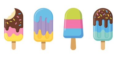 Beyaz arka planda dört çizgi film buzlu şekeri. İlk buzlu şeker ısırılır, çikolata, pembe ve sarıyı ortaya çıkarır. Üstüne çikolata serpiştirilmiş ve renkli serpiştirilmiş. İkinci buzlu şeker mavi ve mor katmanlı.