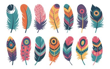 Karmaşık kabile esinlenilmiş desenli 15 adet tüy koleksiyonu. Tüyler beyaz bir arkaplanda sergilenir ve turuncu, pembe, sarı ve mor gibi çeşitli renklere sahiptir. Her tüy eşsiz dekoratif e 'ye sahiptir.