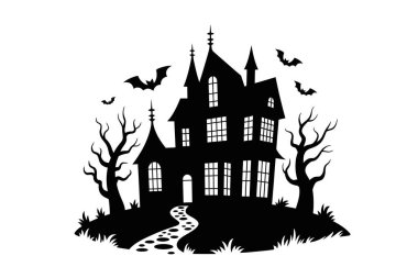 Büyük, çok katlı perili bir evin siyah silueti bir tepede duruyor. Evin birkaç kulesi ve birçok penceresi olan dik, sivri uçlu bir çatısı var ve bir kısmı kemerli gibi görünüyor. Evin etrafını saran çıplak, eğri büğrü ağaçlar ve dolambaçlı bir yol var.