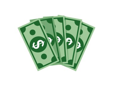 Düz, çizgi film tarzı bir illüstrasyonda beyaz arka plana yayılmış beş yeşil dolar sergileniyor. Her banknot, köşelerinde daha küçük koyu yeşil dairelerle çevrili koyu yeşil bir daire içinde belirgin bir beyaz dolar işareti içeriyor. Faturalar.