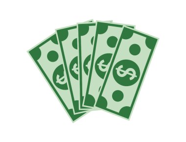 Düz, çizgi film tarzı bir illüstrasyonda beş açık yeşil dolarlık banknotlar sergileniyor. Her banknotta koyu yeşil daireler ve ortada belirgin bir koyu yeşil dolar işareti var. Faturalar üst üste dizilmiş, en alttan yayılmış. 
