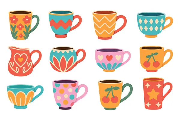 Her biri eşsiz renkli tasarıma sahip on iki çizgi film tarzı kahve fincanı ve kupası koleksiyonu. Bazı çiçek desenleri, zigzag ve elmas gibi geometrik şekiller, polka noktaları, kirazlar veya yıldızlar. Bardaklar ve kupalar beyaz bir sırtta sunuluyor.