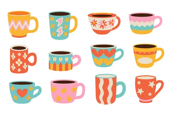 Beyaz arka planda bir ızgarada 12 adet çizgi film tarzı kahve fincanı ve fincanı koleksiyonu. Her kupa canlı renkleri ve şatafatlı desenleri olan eşsiz bir tasarıma sahiptir. Bazı kupalarda yıldızlar, kalpler, çiçekler, zikzaklar gibi dekoratif elementler vardır.