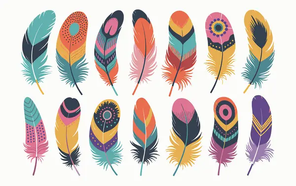 On beş dekoratif tüy koleksiyonu, her biri eşsiz bir şekilde canlı renklerle ve karmaşık kabile esinlenilmiş desenlerle dizayn edilmiş. Tüyler, deniz mavisi, turuncu, sarı, pembe, mor ve koyu mavi gibi çeşitli şekil ve renk kombinasyonlarını gösterirler.