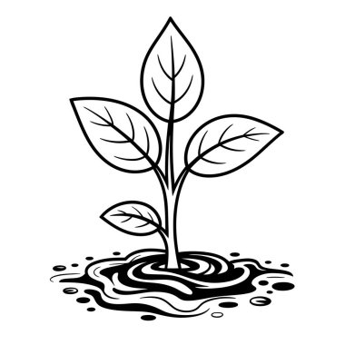 Siyah ve beyaz çizgili bir sanat çizgisi, topraktan çıkan ve süs çiçeği dallarıyla çevrili genç bir bitkiyi tasvir ediyor..