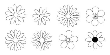 Değişen taç yaprak sayıları ve bir katı siyah merkezli sekiz basit siyah ve beyaz çiçek çizimi.