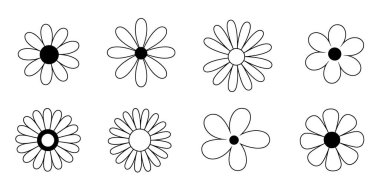 Beyaz arkaplanda değişik taç yaprakları ve merkez biçimleri olan sekiz basit siyah ve beyaz çiçek tasarımı.