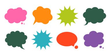Değişik şekil ve renklerde sekiz canlı konuşma ve düşünce baloncuklarının bir araya getirilmesi, beyaz bir arkaplan üzerine kuruludur..