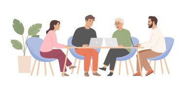 Modern bir ortamda bir masanın etrafında dizüstü bilgisayarlarla çalışan çeşitli insanlar..