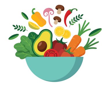 Beyaz arka planda turkuaz seramik bir kaseden dökülen taze sebze ve malzemelerin düz bir çizimi..