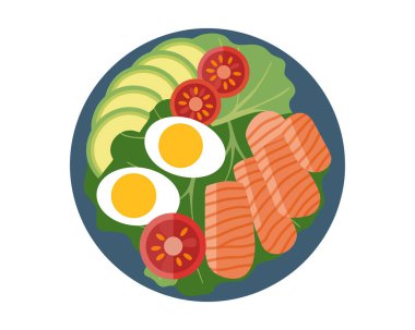 Dilimlenmiş somon, haşlanmış yumurta, avokado dilimleri ve yeşillik yatakta kiraz domatesli sağlıklı bir kahvaltı tabağının düz bir çizimi..