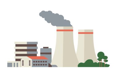 Beyaz arka planda, çeşitli sanayi binaları ve ağaçlarla birlikte duman yayan soğutma kulelerinin yer aldığı bir elektrik santralinin düz bir çizimi..