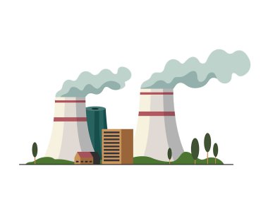 Diğer sanayi binaları ve ağaçlarla birlikte duman yayan iki büyük soğutma kuleli bir enerji santralinin minimalist çizimi.