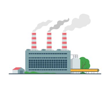 Üç bacası, bir ana binası, daha küçük bir yapısı ve bir taşıyıcı bandı olan bir sanayi enerji santralinin düz tasarım çizimi..