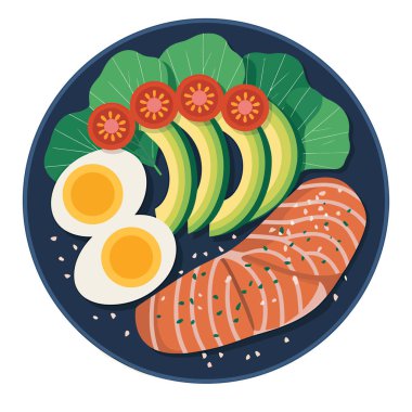 Som balığı, avokado dilimleri, yarım yumurta ve yapraklı yeşilliklerin yer aldığı koyu mavi bir tabakta sağlıklı bir kahvaltı..