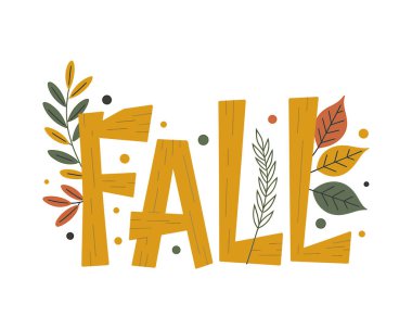 Hardal sarısı büyük harflerle, ahşap bir desen ve beyaz arka planda sonbahar yapraklarıyla birlikte düşme kelimesinin stilize edilmiş tipografik tasarımı.