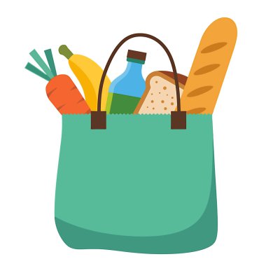 Beyaz arka planda havuç, muz, ekmek, ekmek ve bir şişe de dahil olmak üzere yiyecek malzemeleriyle dolu bir deniz mavisi poşeti..