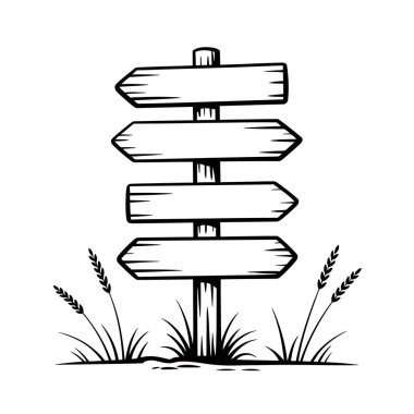 Kuzey, Güney, Doğu ve Batı 'yı gösteren, çimen ve buğday saplarıyla çevrili, dört ok şeklinde işaretli, tahta bir işaret direğinin siyah beyaz çizgisi..