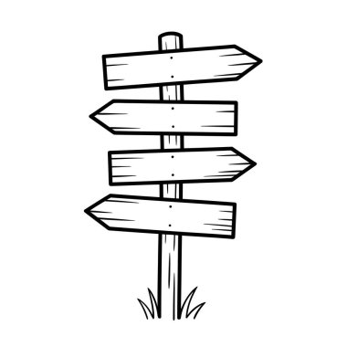 Çimlerin üzerinde duran, farklı yönleri gösteren dört ok şeklindeki işaretli, siyah beyaz bir tabela çizimi..