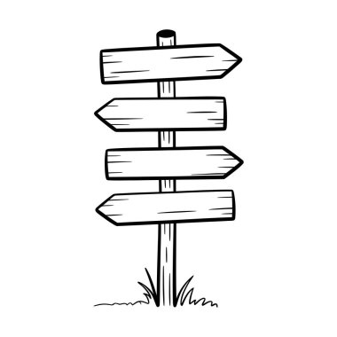 Beyaz bir zemin üzerinde farklı yönleri gösteren dört ok şekilli işaretli tahta bir işaret direğinin siyah beyaz çizgisi..