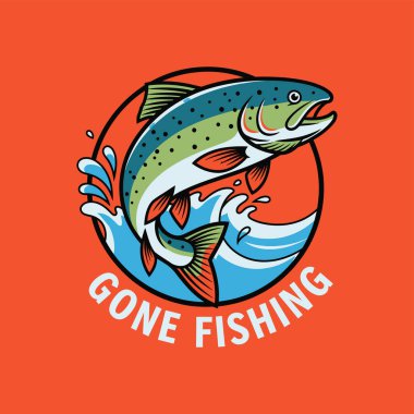 Canlı turuncu bir arka planda yeşil, mavi ve turuncu renklerle betimlenmiş mavi sulardan bir alabalık sıçrıyor..