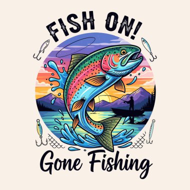 Gün batımında denizden atlayan gökkuşağı alabalığının canlı bir çizimi. Arka planda bir balıkçıyla birlikte..