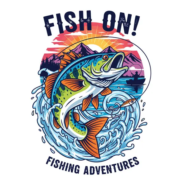 Balıkçı teknesi ve günbatımı su dalgalarıyla atlayan balıkların olduğu vektör balıkçılığı. Çeşitli ölçeklenebilir tasarım...